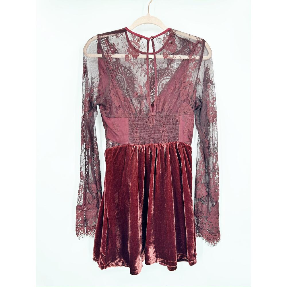 Free People Marlie Garnet Red Lace Velvet Long Sleeve Mini Dress Size XS - Picture 4 of 7